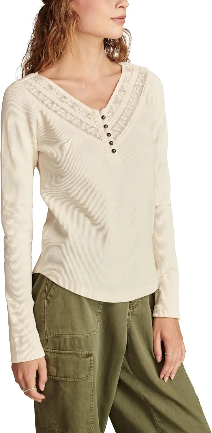 Lucky Brand Women's Embroidered Mesh Yoke Henley