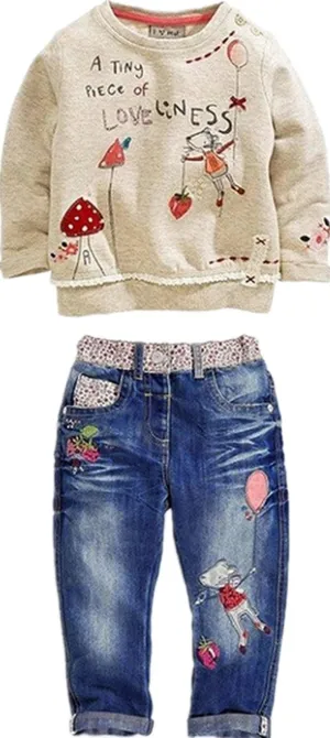 LUKYCILD Toddler Girl Clothes Baby Girl Long Sleeve Top   Jeans Pants with Pockets 2 Piece Outfit Cartoon Clothing Set
