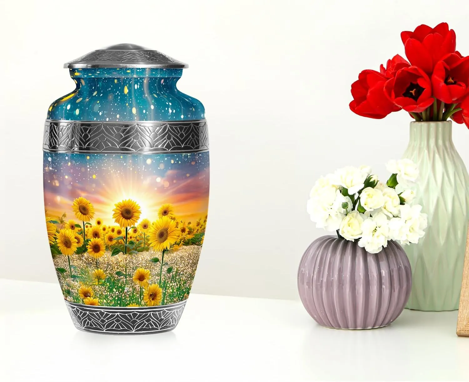 Luminious Sunflower Field Large Cremation Urns for Adult Women & Men Ashes - Funeral Urn for Human Ashes Adult Female - Decorative Handmade Gifts - 10 Inch & Capacity 200 Cubic Inch with Velvet Bag