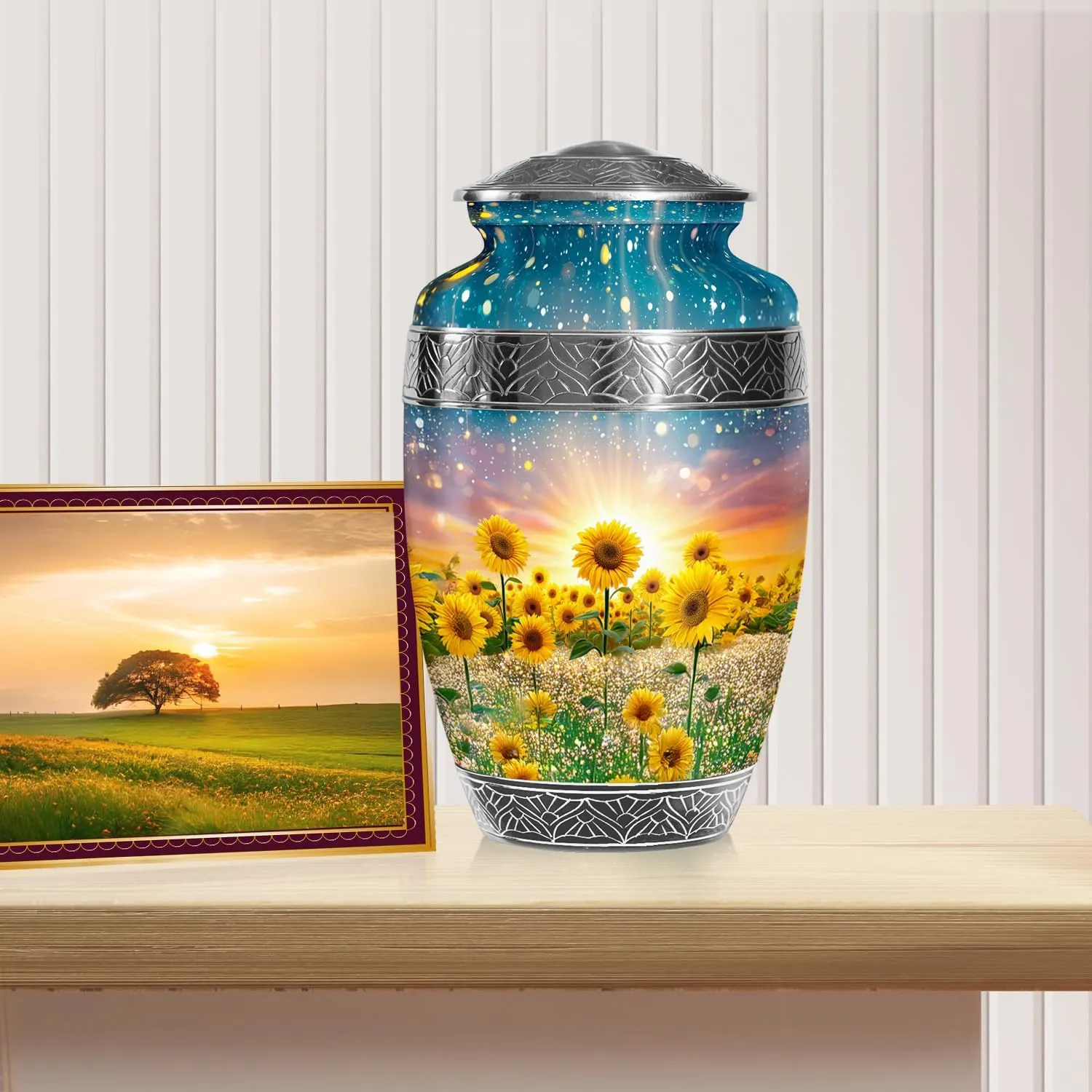 Luminious Sunflower Field Large Cremation Urns for Adult Women & Men Ashes - Funeral Urn for Human Ashes Adult Female - Decorative Handmade Gifts - 10 Inch & Capacity 200 Cubic Inch with Velvet Bag