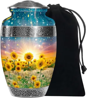 Luminious Sunflower Field Large Cremation Urns for Adult Women & Men Ashes - Funeral Urn for Human Ashes Adult Female - Decorative Handmade Gifts - 10 Inch & Capacity 200 Cubic Inch with Velvet Bag