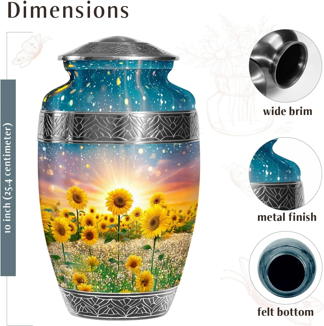 Luminious Sunflower Field Large Cremation Urns for Adult Women & Men Ashes - Funeral Urn for Human Ashes Adult Female - Decorative Handmade Gifts - 10 Inch & Capacity 200 Cubic Inch with Velvet Bag