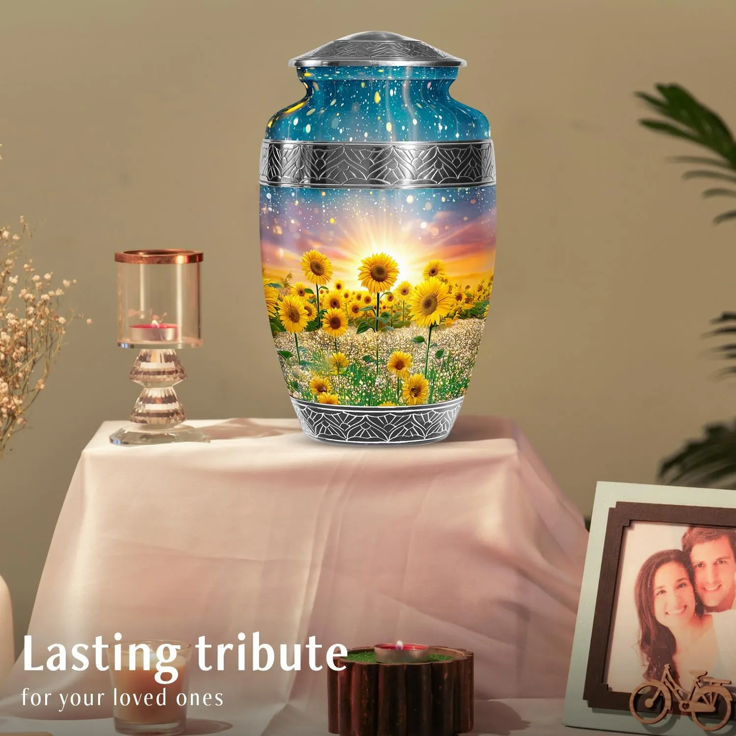 Luminious Sunflower Field Large Cremation Urns for Adult Women & Men Ashes - Funeral Urn for Human Ashes Adult Female - Decorative Handmade Gifts - 10 Inch & Capacity 200 Cubic Inch with Velvet Bag