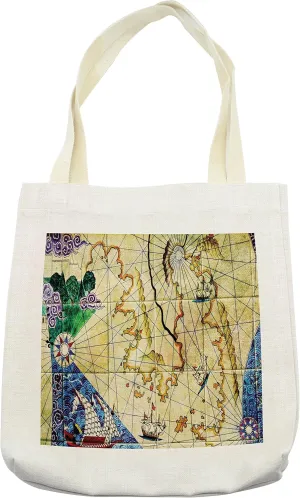 Lunarable Compass Tote Bag, Old Nautical Chart Map Historical Territories Geographical Illustration, Cloth Linen Reusable Bag for Shopping Books Beach and More, 16.5" X 14", Cream