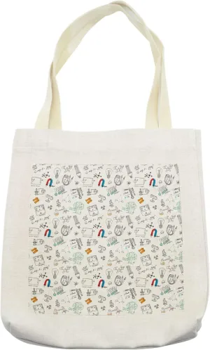 Lunarable Science Tote Bag, Physics Formulas and Experiments Themed Hand Written Effect Study Concept Pattern, Cloth Linen Reusable Bag for Shopping Books Beach and More, 16.5" X 14", Multicolor