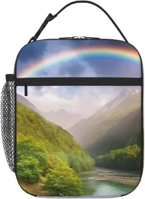Lunch Bag Reusable Lunch Box for Women Men Leakproof Cooler Bag Mountain Valley with Rainbow Insulated Lunchbox Portable Handbag for Travel Work Picnic