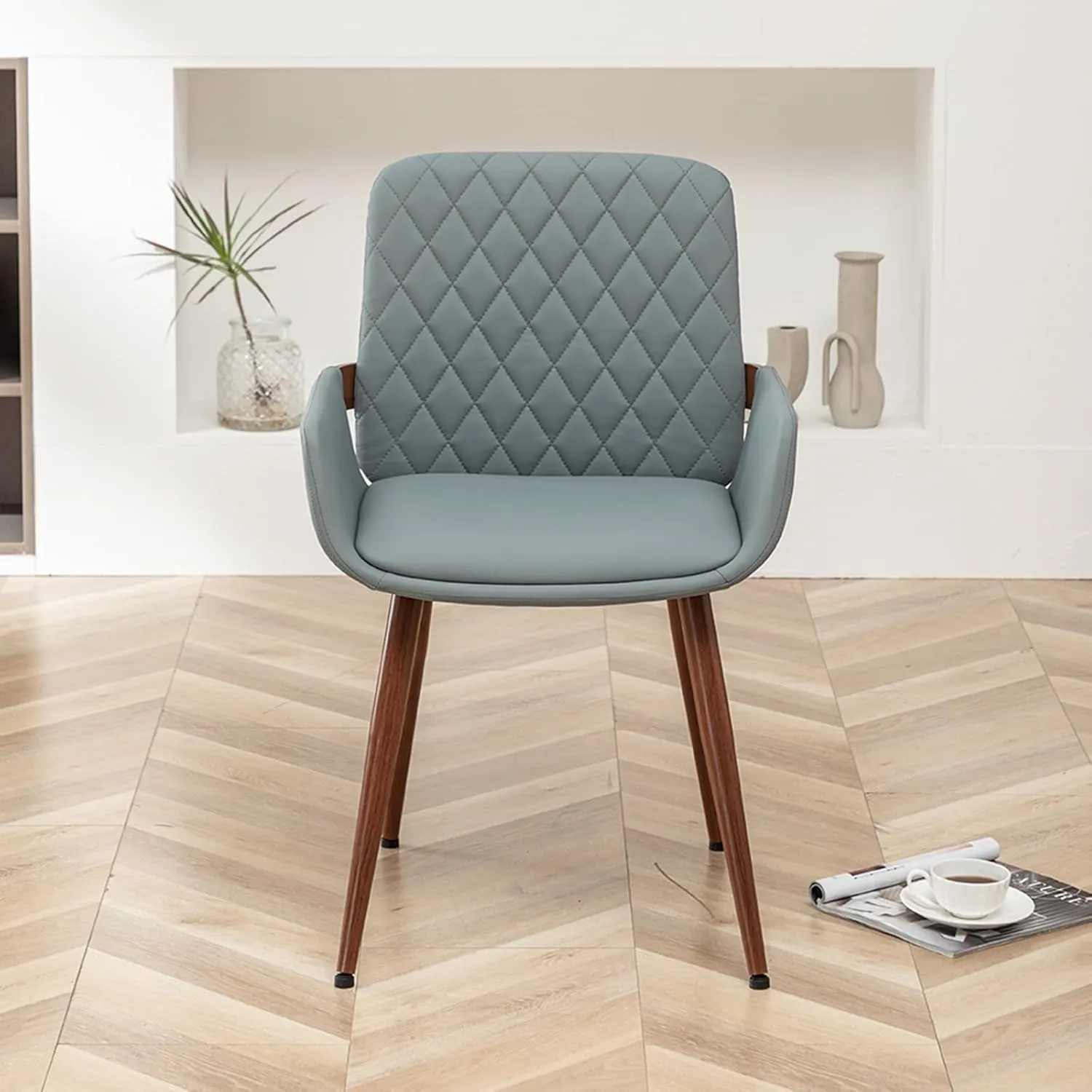 LUNLING Mid Century Modern Dining Room Chairs Set of 2 Accent Faux Leather Chair Bentwood Frame with Armrest,Upholstered Seat,Metal Legs Chairs,Adjustable Foot for Kitchen Room Desk Chairs(Blue)