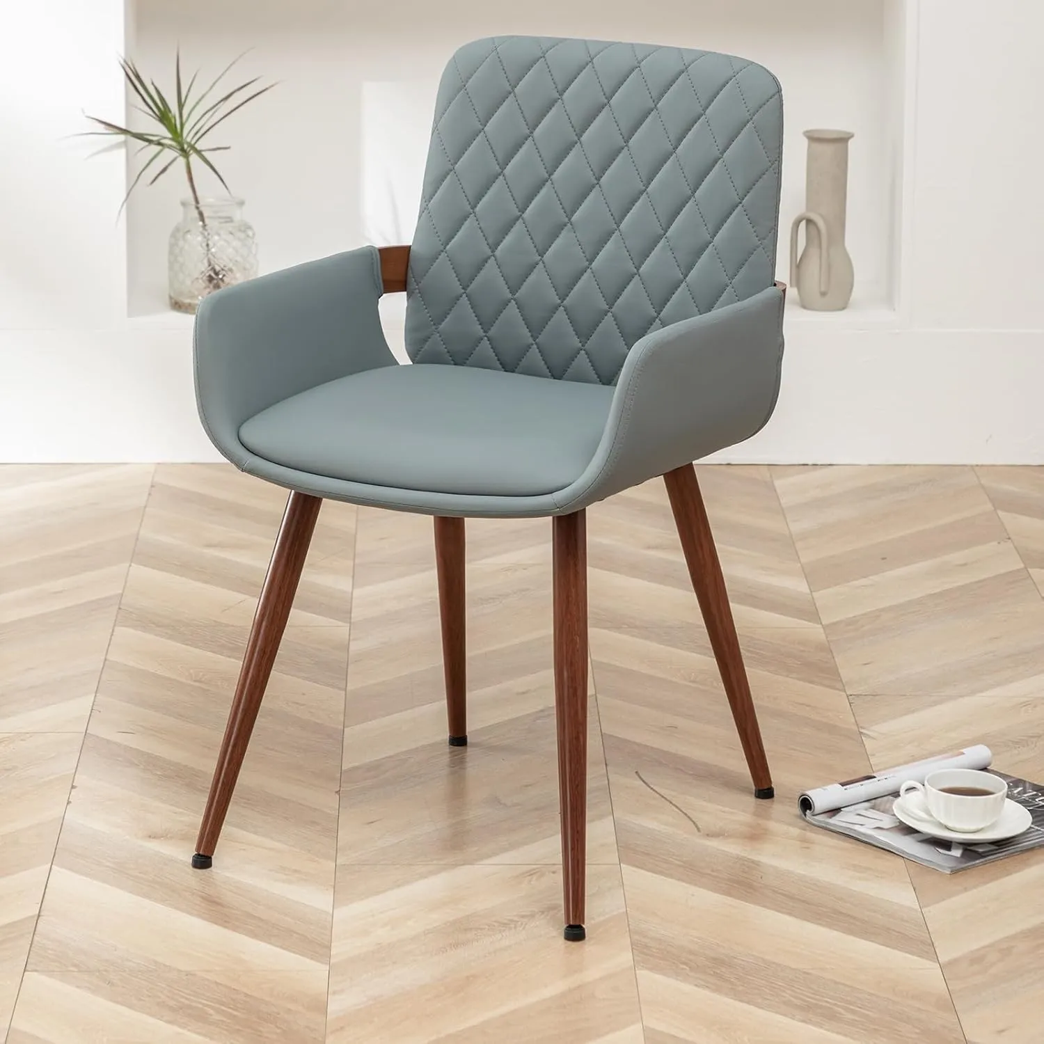 LUNLING Mid Century Modern Dining Room Chairs Set of 2 Accent Faux Leather Chair Bentwood Frame with Armrest,Upholstered Seat,Metal Legs Chairs,Adjustable Foot for Kitchen Room Desk Chairs(Blue)