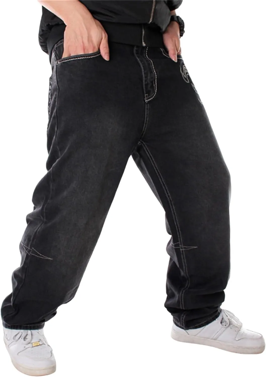 LUOBANIU Men's Hip-hop Embroidered Printed Baggy Jeans Loose Fit Dance Skateboard Denim Long Jeans