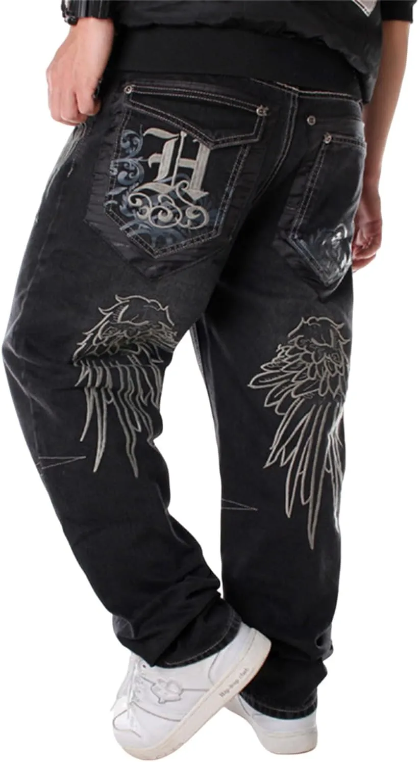LUOBANIU Men's Hip-hop Embroidered Printed Baggy Jeans Loose Fit Dance Skateboard Denim Long Jeans