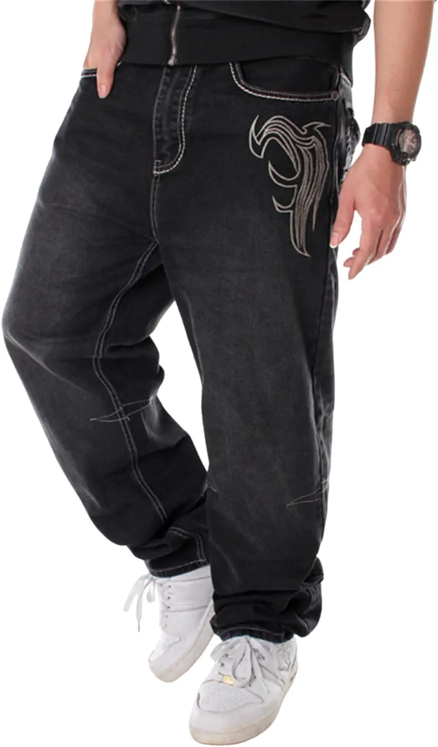 LUOBANIU Men's Hip-hop Embroidered Printed Baggy Jeans Loose Fit Dance Skateboard Denim Long Jeans