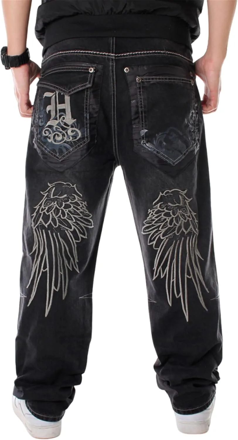 LUOBANIU Men's Hip-hop Embroidered Printed Baggy Jeans Loose Fit Dance Skateboard Denim Long Jeans
