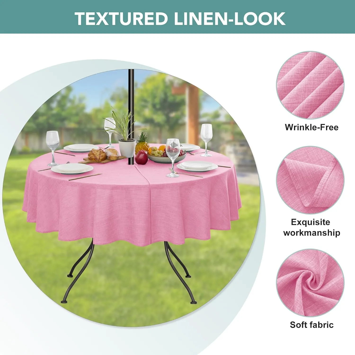 LUSHVIDA Outdoor Tablecloth with Umbrella Hole - Patio Table Cloth Zippered Round 60 Inch, Pink Faux Linen Table Cover Water Resistant for Picnic Outside