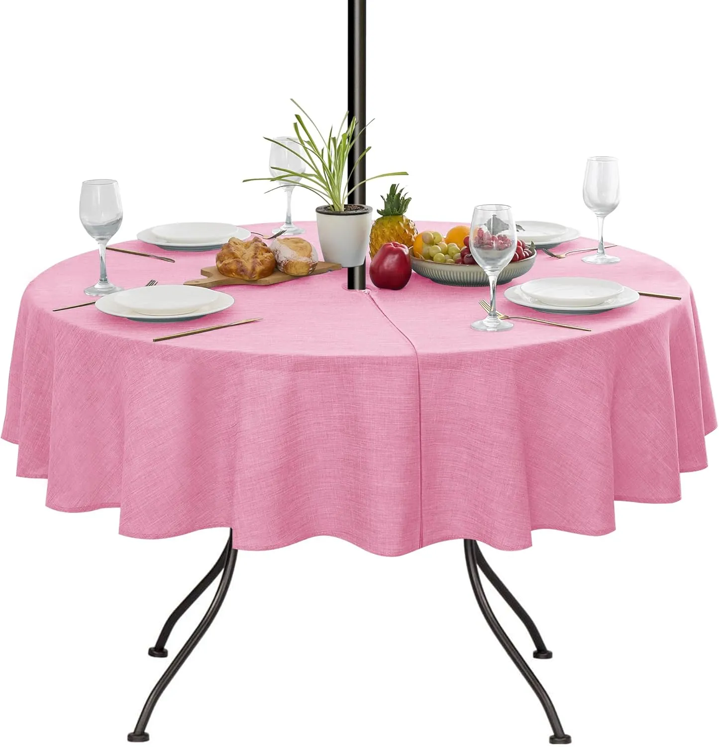 LUSHVIDA Outdoor Tablecloth with Umbrella Hole - Patio Table Cloth Zippered Round 60 Inch, Pink Faux Linen Table Cover Water Resistant for Picnic Outside