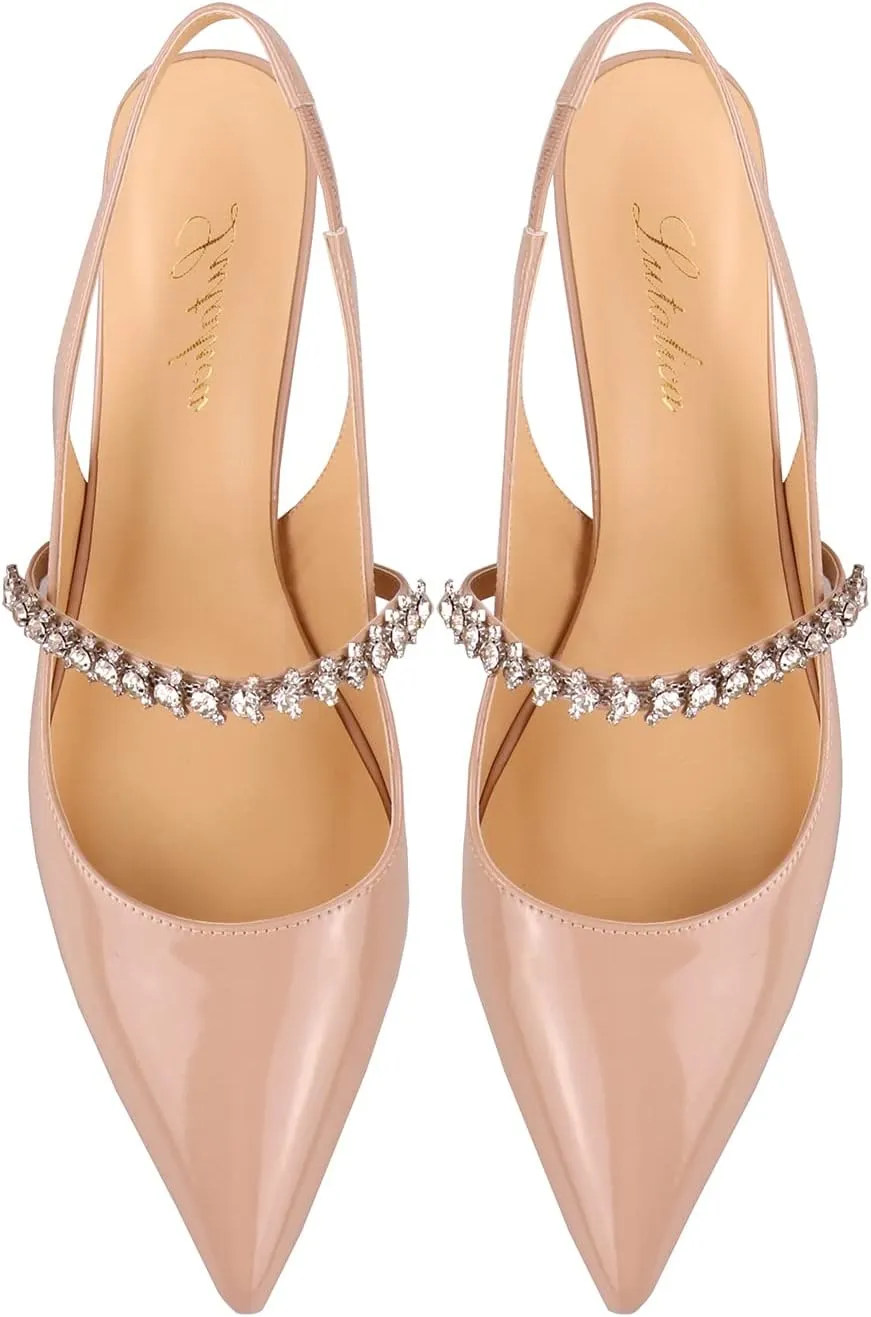 Lutalica W Women's Patent Leather Pointed Toe Glitter Crystal Strappy Mid High Heel Dress Slingback Pumps