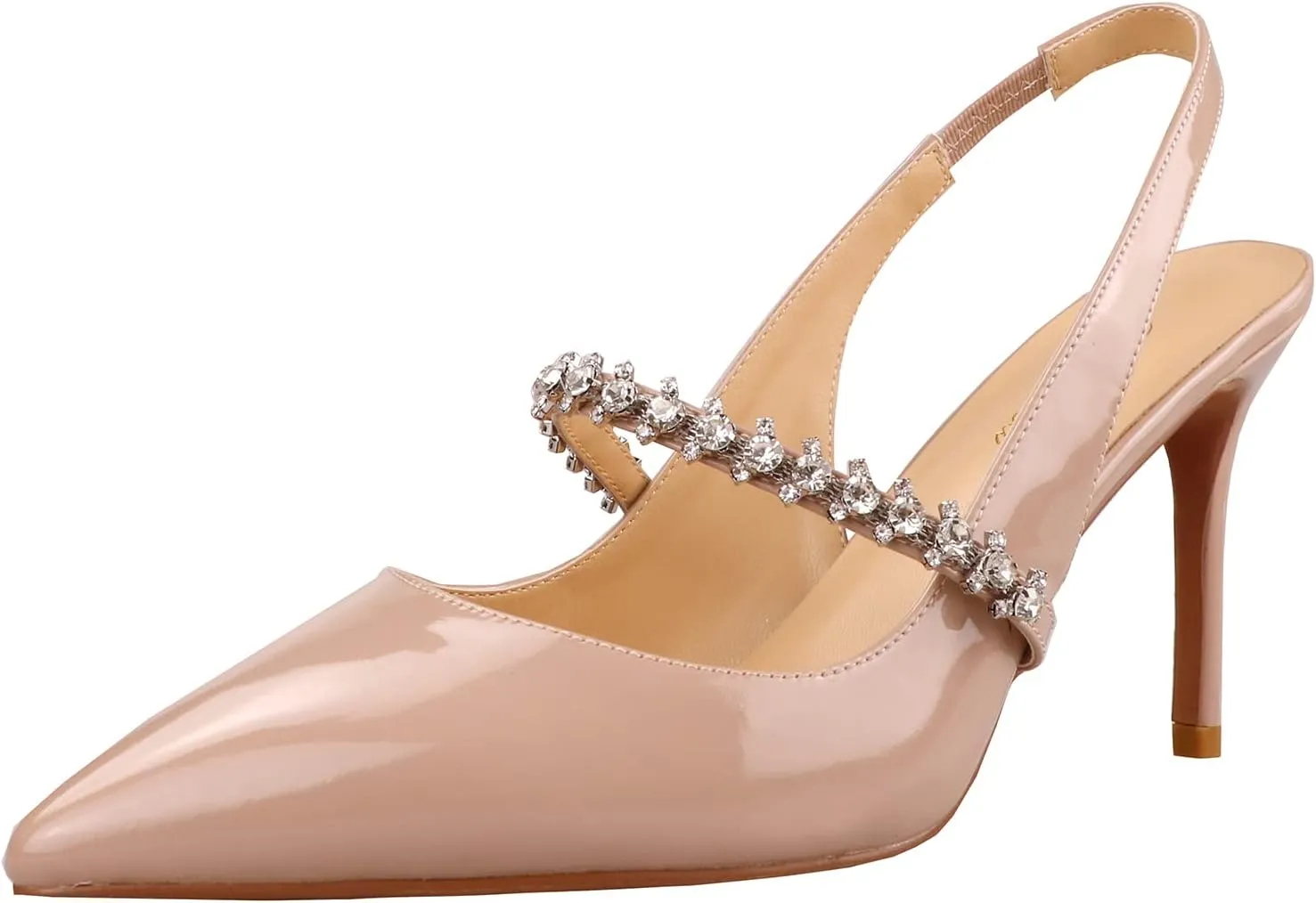Lutalica W Women's Patent Leather Pointed Toe Glitter Crystal Strappy Mid High Heel Dress Slingback Pumps