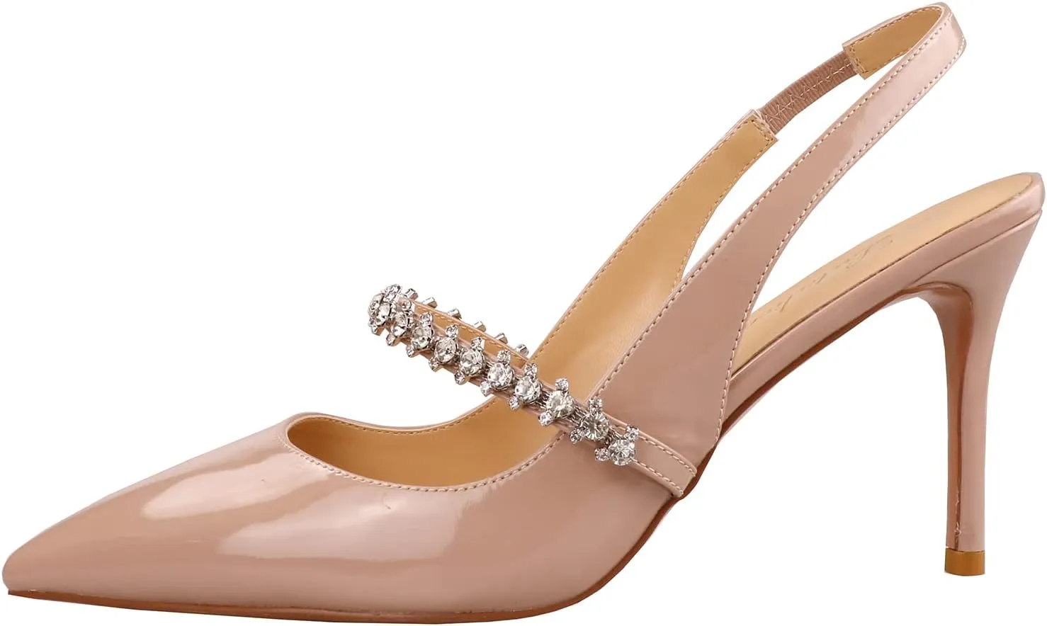Lutalica W Women's Patent Leather Pointed Toe Glitter Crystal Strappy Mid High Heel Dress Slingback Pumps