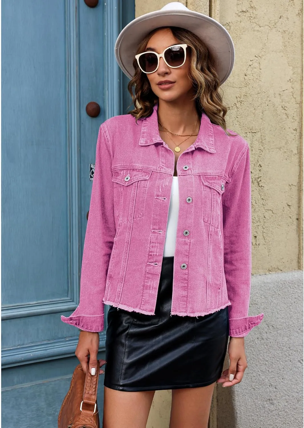 luvamia Denim Jacket for Women Distressed Jean Jackets Button Up Vintage Western Trucker Jacket Frayed Hem Pockets