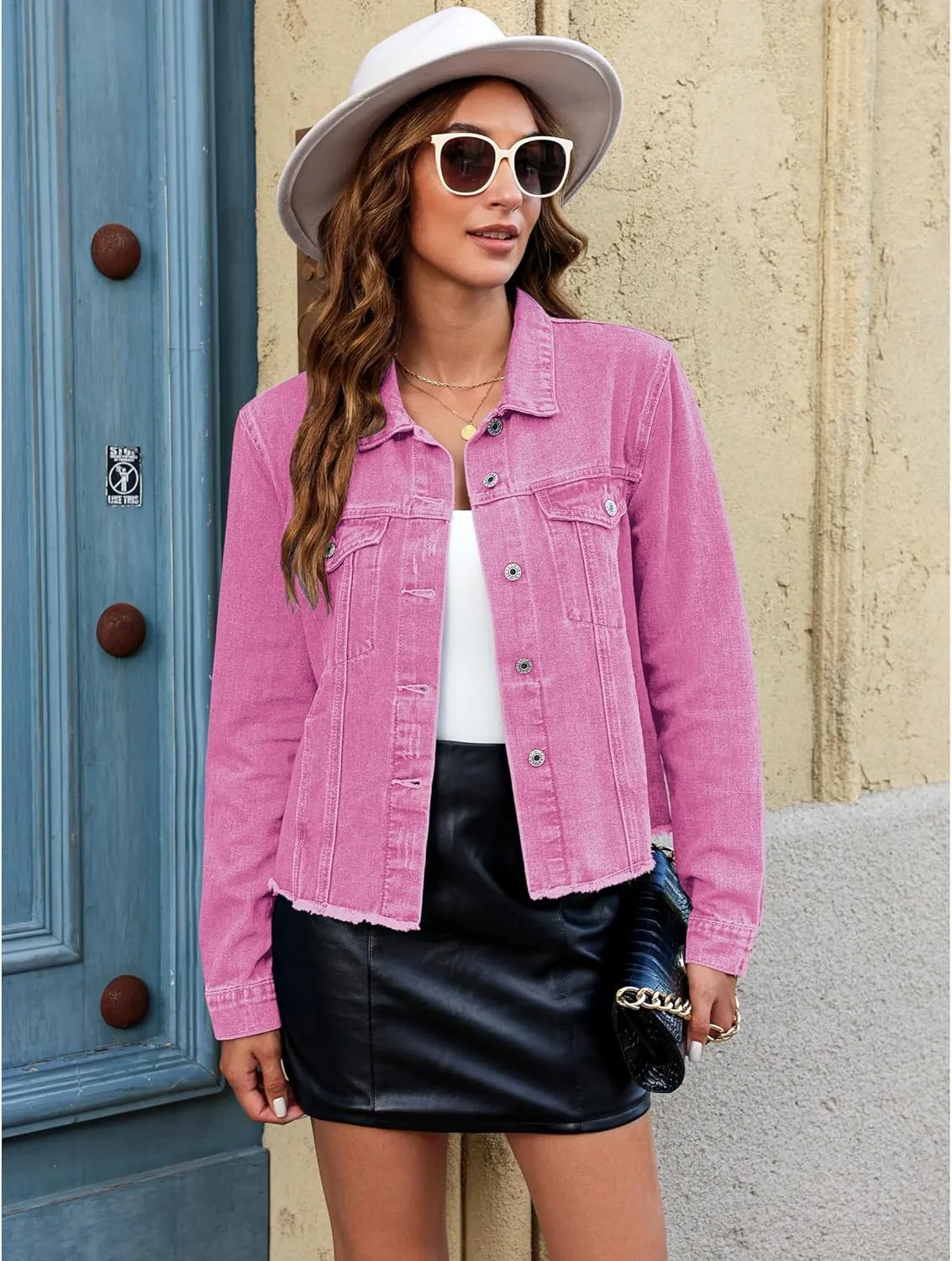 luvamia Denim Jacket for Women Distressed Jean Jackets Button Up Vintage Western Trucker Jacket Frayed Hem Pockets