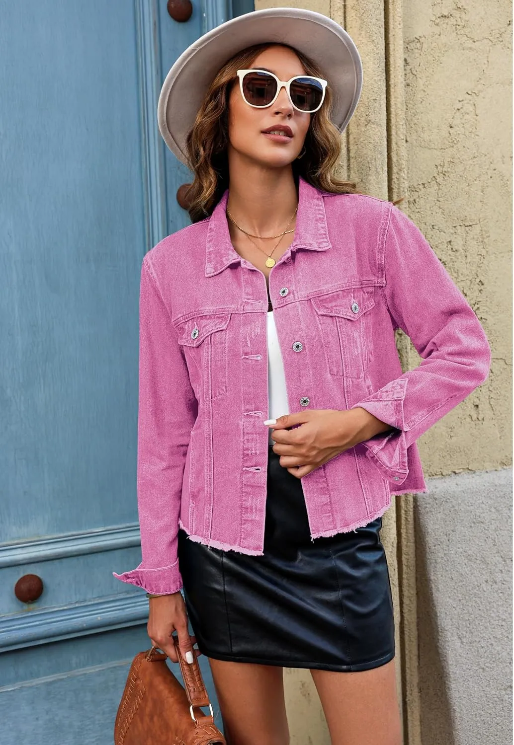 luvamia Denim Jacket for Women Distressed Jean Jackets Button Up Vintage Western Trucker Jacket Frayed Hem Pockets