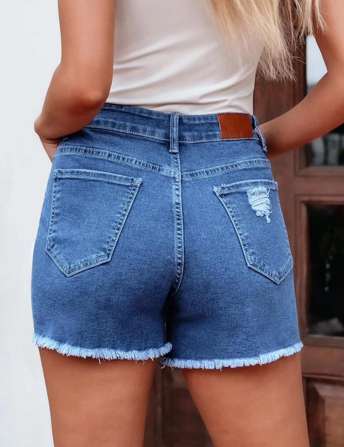 luvamia Jean Shorts for Women High Waisted Stretchy Distressed Denim Shorts Ripped Frayed Raw Hem Summer Casual Shorts