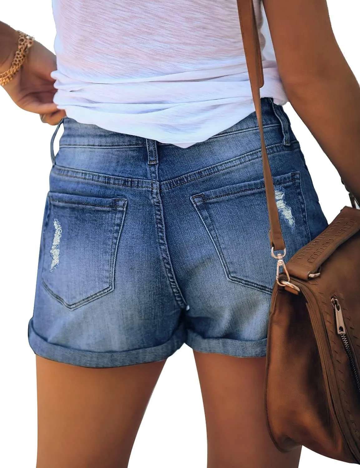 luvamia Women's Ripped High Waisted Denim Shorts Stretchy Cuffed Hem Jean Shorts