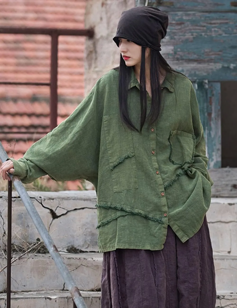 LUZU JUNU Women Loose Fit Shirt Long Sleeve Distressed Frayed Patchwork Irregular Button Down Casual Loose Tunic Tops