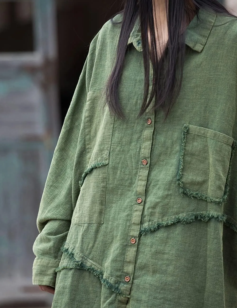LUZU JUNU Women Loose Fit Shirt Long Sleeve Distressed Frayed Patchwork Irregular Button Down Casual Loose Tunic Tops