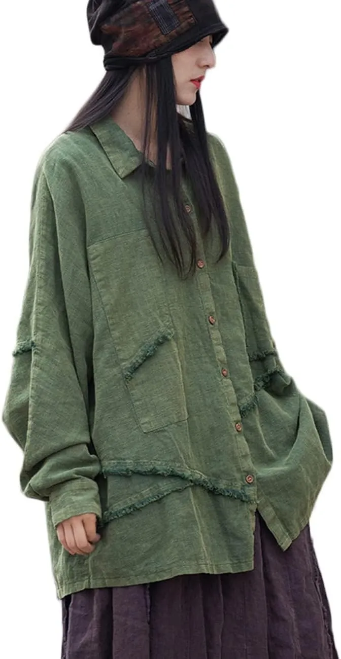 LUZU JUNU Women Loose Fit Shirt Long Sleeve Distressed Frayed Patchwork Irregular Button Down Casual Loose Tunic Tops
