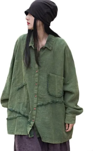 LUZU JUNU Women Loose Fit Shirt Long Sleeve Distressed Frayed Patchwork Irregular Button Down Casual Loose Tunic Tops