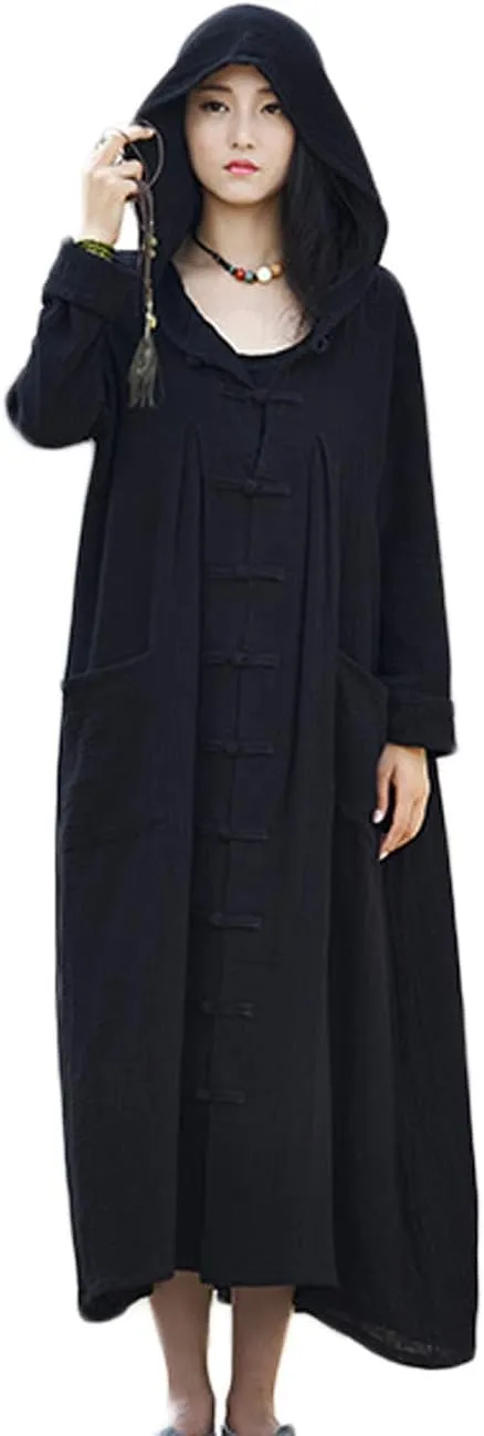 LUZU JUNU Women's Trench Coat Cotton Linen Hoodie Jacket Long Sleeve Chinese Frog Button Outwear with Pocket