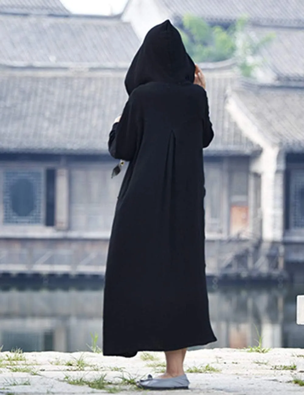 LUZU JUNU Women's Trench Coat Cotton Linen Hoodie Jacket Long Sleeve Chinese Frog Button Outwear with Pocket