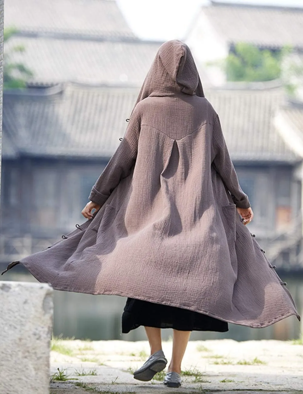 LUZU JUNU Women's Trench Coat Cotton Linen Hoodie Jacket Long Sleeve Chinese Frog Button Outwear with Pocket