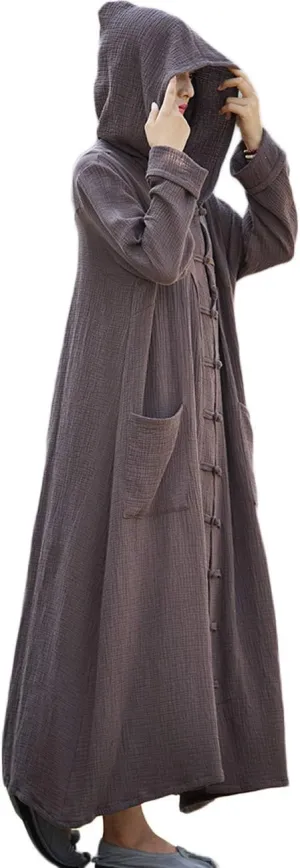 LUZU JUNU Women's Trench Coat Cotton Linen Hoodie Jacket Long Sleeve Chinese Frog Button Outwear with Pocket