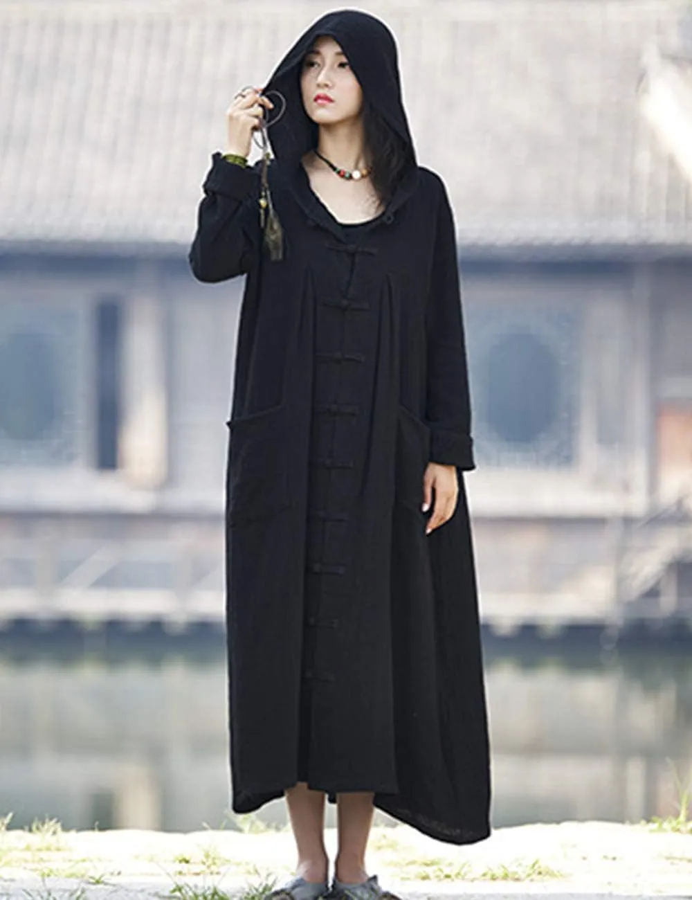 LUZU JUNU Women's Trench Coat Cotton Linen Hoodie Jacket Long Sleeve Chinese Frog Button Outwear with Pocket