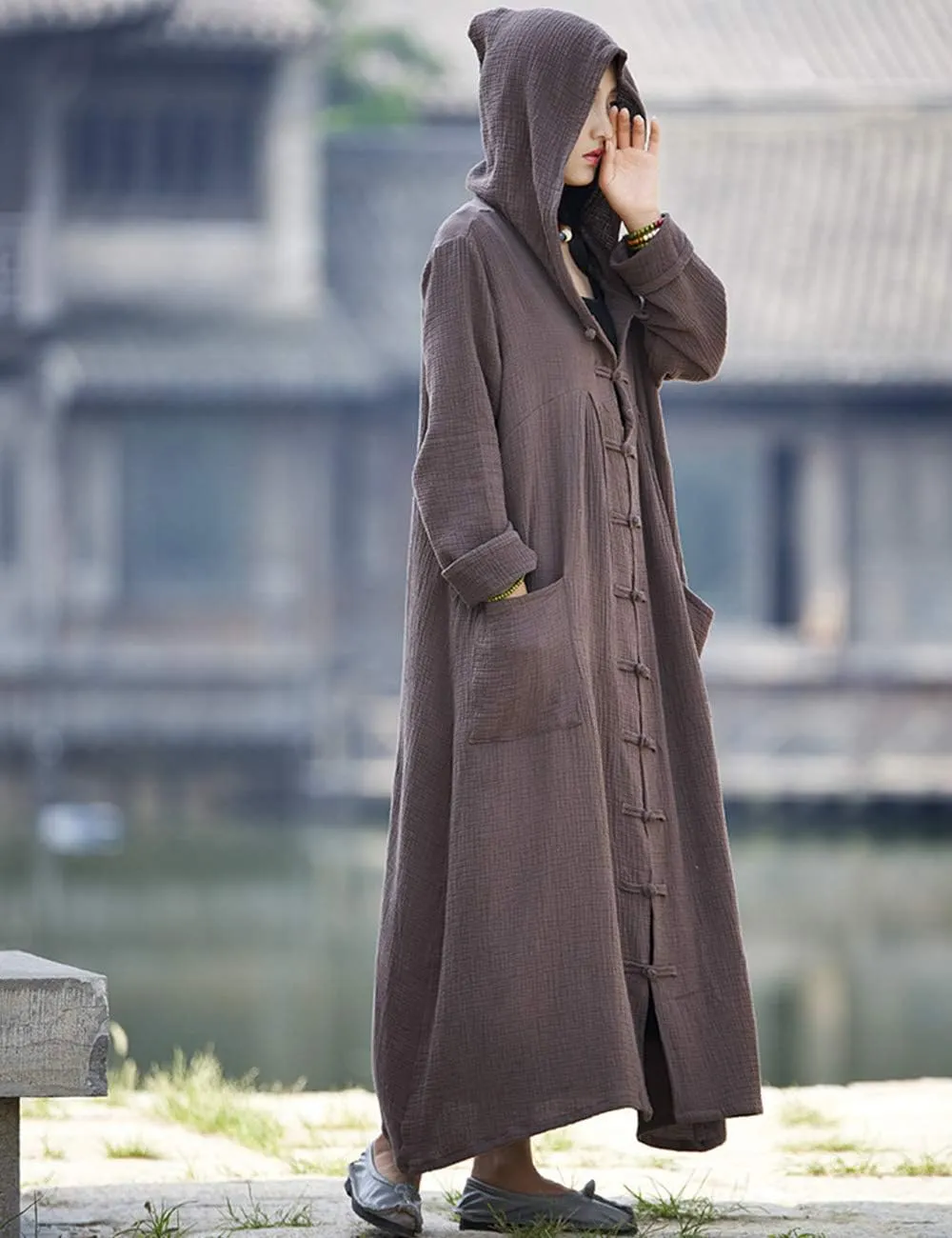 LUZU JUNU Women's Trench Coat Cotton Linen Hoodie Jacket Long Sleeve Chinese Frog Button Outwear with Pocket