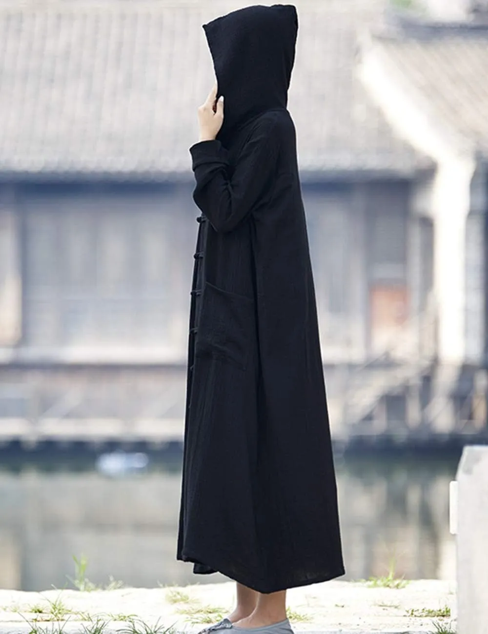 LUZU JUNU Women's Trench Coat Cotton Linen Hoodie Jacket Long Sleeve Chinese Frog Button Outwear with Pocket