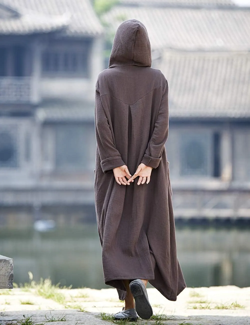 LUZU JUNU Women's Trench Coat Cotton Linen Hoodie Jacket Long Sleeve Chinese Frog Button Outwear with Pocket