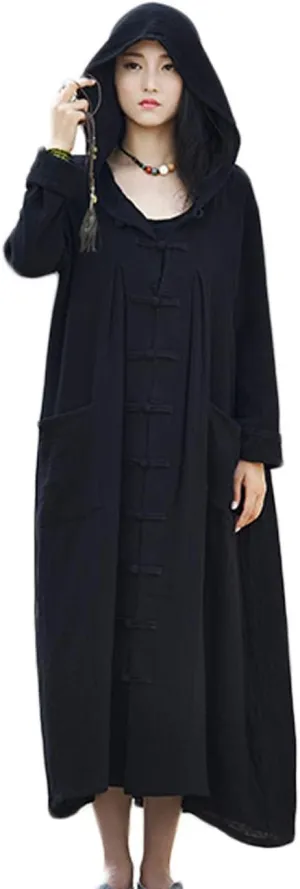 LUZU JUNU Women's Trench Coat Cotton Linen Hoodie Jacket Long Sleeve Chinese Frog Button Outwear with Pocket