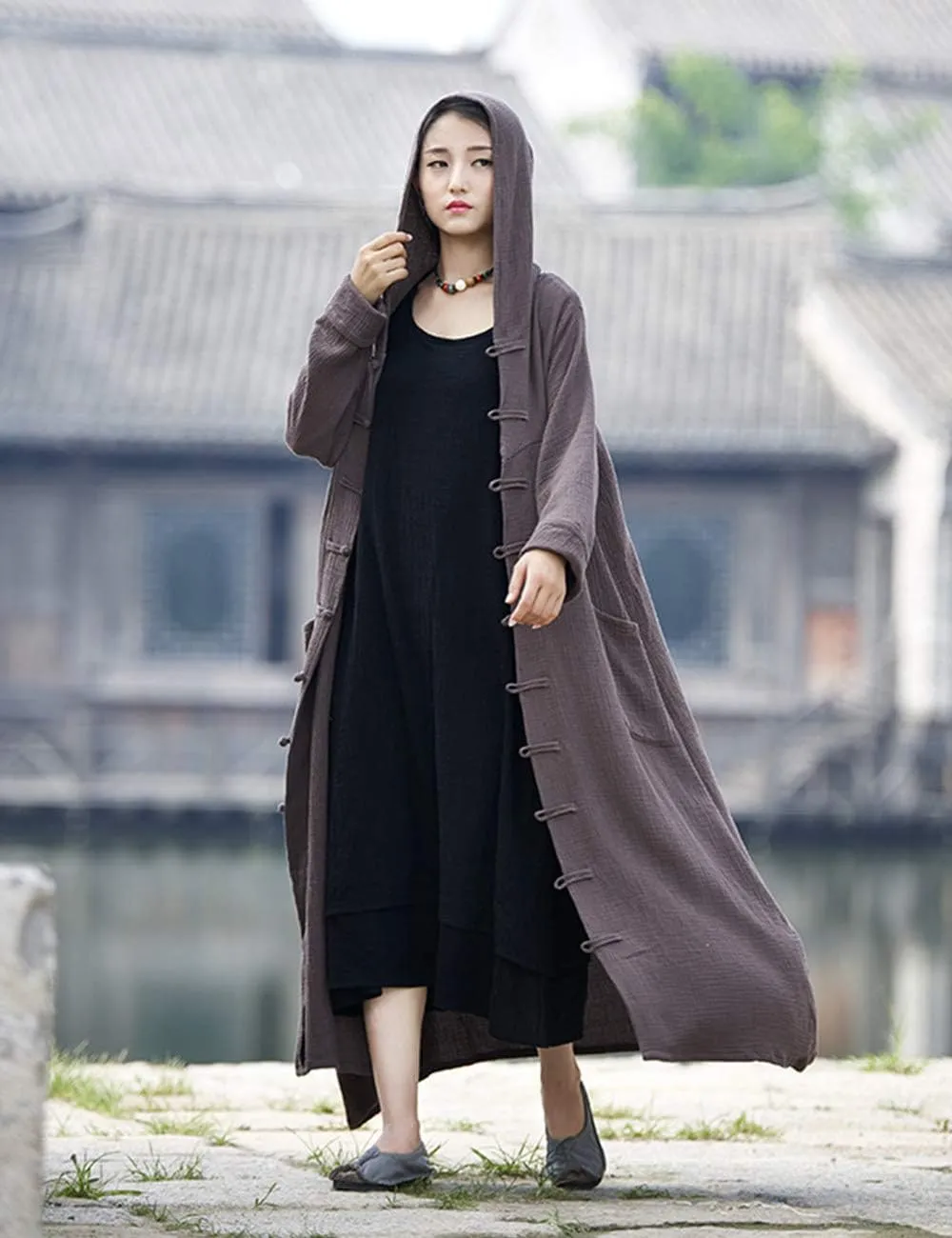 LUZU JUNU Women's Trench Coat Cotton Linen Hoodie Jacket Long Sleeve Chinese Frog Button Outwear with Pocket