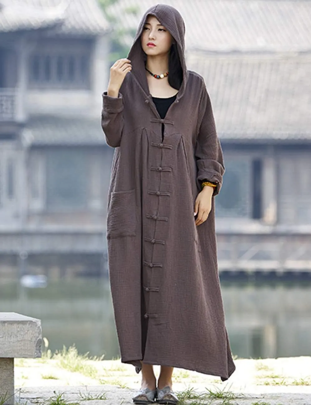 LUZU JUNU Women's Trench Coat Cotton Linen Hoodie Jacket Long Sleeve Chinese Frog Button Outwear with Pocket