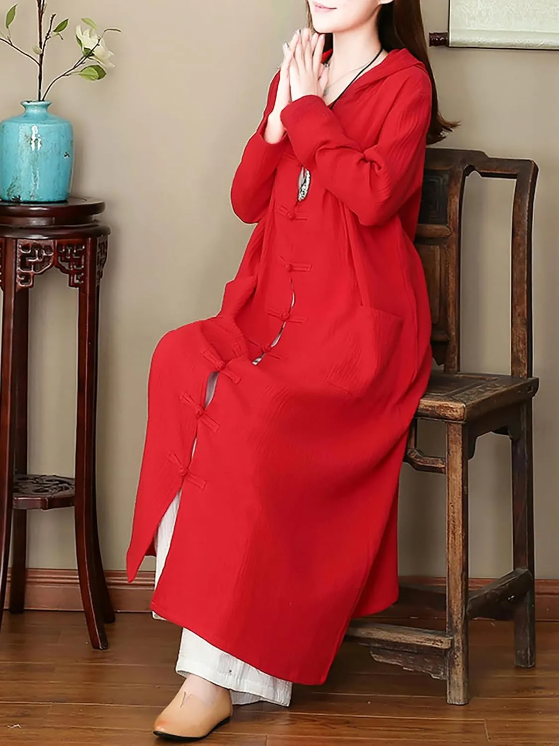 LUZU JUNU Women's Trench Coat Cotton Linen Hoodie Jacket Long Sleeve Chinese Frog Button Outwear with Pocket