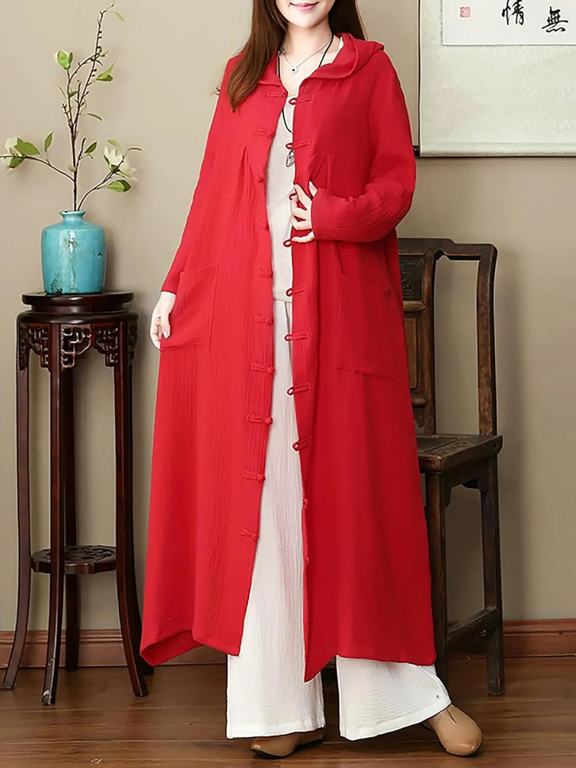 LUZU JUNU Women's Trench Coat Cotton Linen Hoodie Jacket Long Sleeve Chinese Frog Button Outwear with Pocket