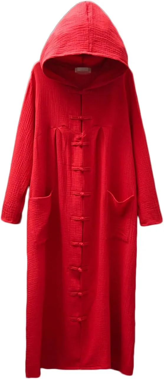 LUZU JUNU Women's Trench Coat Cotton Linen Hoodie Jacket Long Sleeve Chinese Frog Button Outwear with Pocket