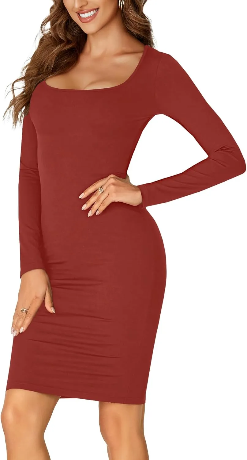 LYANER Women's Square Neck Bodice Dresses Long Sleeve Knee Length Bodycon Mini Dress