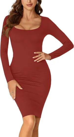 LYANER Women's Square Neck Bodice Dresses Long Sleeve Knee Length Bodycon Mini Dress