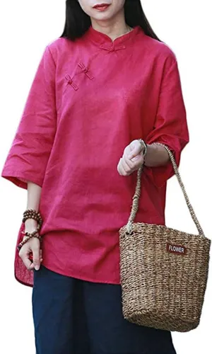 LZJN Women Blouse Chinese Tang Suit Tops Shirts 3/4 Sleeve with Pockets (Hotpink)