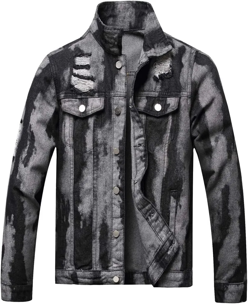 LZLER Men's Denim Jackets Distressed Destroyed Classic Vintage Slim Fit Ripped 2024 Fashion Trendy Trucker Jean Jackets