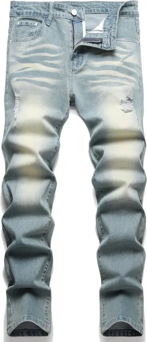 LZLER Mens Ripped Jeans,Distressed Destroyed Slim Fit Straight Leg Denim Pant with Holes