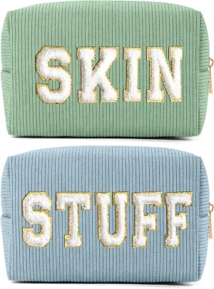 MAGEFY Makeup Bag Corduroy 2 Pcs Cosmetic Bags for Women Preppy Small Makeup Bag with Chenille Letter Patch Makeup Pouch Green SKIN & Blue STUFF